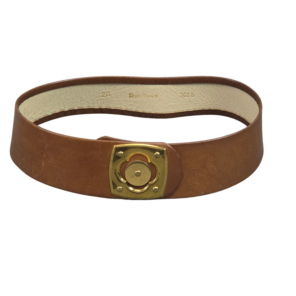 Vintage 70s Leather Waist Belt Womens 26 Brown Gold Clover Buckle Roger Van S